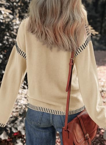 Image of Dokotoo Sweaters for Women Crewneck Long Sleeve Contrast Cable Knit Tops | Early Fall Fashion, Solid Loose Fit Pullover Sweaters, Oversized Stitching Fall Clothes Outfits, Winter Clothing for Women