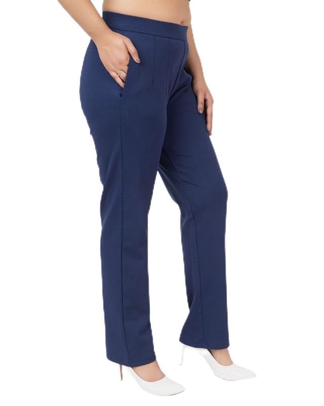 Mlada Women’s Straight Fit Cigarette Pencil Pants – Elastic Waist, Mid-High Waist, Full-Length Stretch Cotton Knit Trousers with Pockets | Formal Office & Travel, Regular & Plus Size