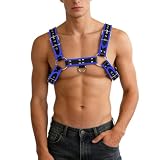 Dasongff Imbracatura da petto da uomo in pelle sintetica con fibbie in metallo e anelli imbracatura regolabile in stile motociclista per feste cosplay spettacolo versatile Wetlook Clubwear sexy, blu