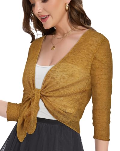 Image of Women Crop Cardigan Sheer Mesh Bolero Shrug for Dress Tie Front 3 /4 Sleeve Tops