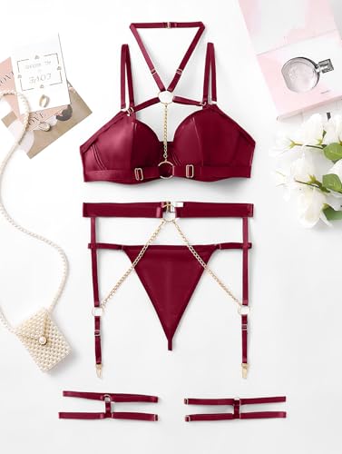 Image of Lilosy Sexy Pu Leather Strappy Underwire Garter Belt Lingerie Set