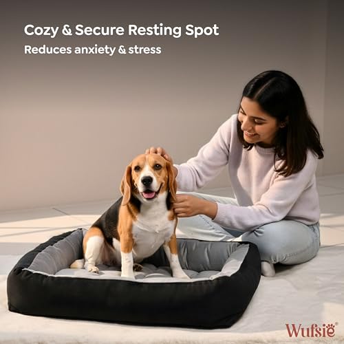 Image of Reversible Rectangle Dog Bed | Medium 60 X 75 Cm Pet Bed for Dogs and Cats | Premium Velvet, Washable Fabric | Soft Sofa-Style Bed for Dog with Thick 15 Cm Insert | Black & Grey