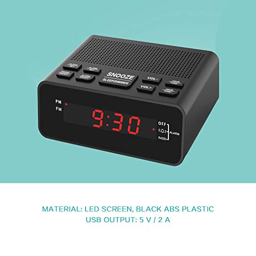 Alarm Clock, FM Digital Alarm Clock Radio for Bedrooms with USD Charger Red Display