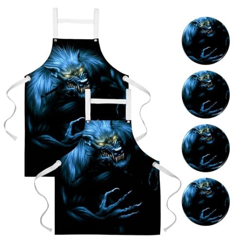Lot de 2 tabliers de cuisine multicolores avec motifs de monstre bleu