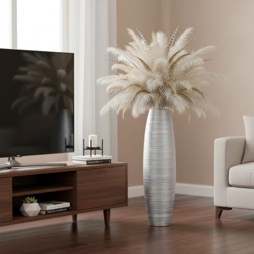 Image of Tall Floor Vase, 27.5 inches (70cm, 2.3FT) Tall Vases Sturdy, Luxury, Textured for Decorative Branches Dried Flowers, Floor Vase for Rustic Living Room, Modern Decor, Resin Silver Vases