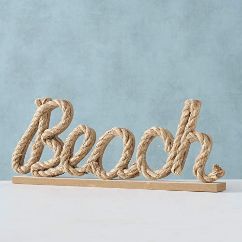 Whw Whole House Worlds Beach Word Art, Table Top Sculpture, Flat Base, Jute Rope, Plywood, Rustic Seaside Ambiance, 15.75 L X 1.5 W X 6.0 H Inches, #TOP5