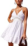  Minetom Femmes Chic Col V sans Manches Mini Robe en Dentelle Eté Sexy Taille Haute Dos Nu Mince Dress Fête Soirée Cocktail Blanc 02 FR 34