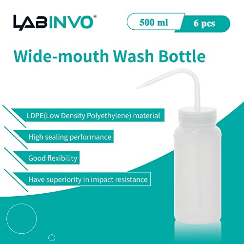 LABINVO 6pcs of Economy Wash Bottles, Vol.500ml (17oz), Wide-Mouth, Self-Venting Safety Wash Bottles, LDPE Material, IN-WBW500