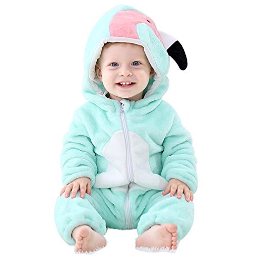 COOKY.D Unisex Baby Hooded Romper Super Soft Flannel Autumn Winter Newborn Animal Jumpsuit Sleepsuit Outfits, 12-18 Months, Mint Green Bird