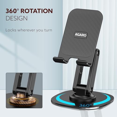 Image of AGARO 360 Revolving Mobile Stand, Foldable & Sturdy Metal Stand with 360 Rotation, Multiple Height & Angle Adjustments & Anti-Slip pads for Desk, Compatible with Smartphones, Tablets, Kindles & iPad