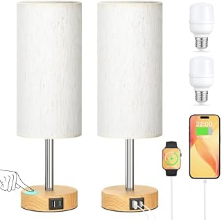 Bedside Lamps Set of 2, 3-Way Dimmable Touch Lamps Bedside with USB-C+A Charging Ports, Bedroom Lamp with Flaxen Fabric Shade, Small Table Lamp for Bedroom Living Room (LED Bulbs Included)