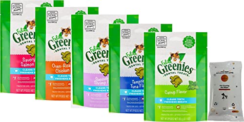 Aurora Pet Variety Pack (5) Feline Greenies Natural Dental Cat Treats (1) Tuna (1) Salmon (1) Catnip (1) Chicken (1) Shrimp With Aurorapet Wipes #TOP13