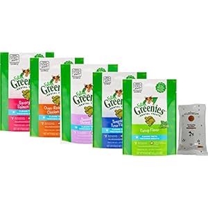 Aurora Pet Variety Pack (5) Feline Greenies Natural Dental Cat Treats (1) Tuna (1) Salmon (1) Catnip (1) Chicken (1) Shrimp with AuroraPet Wipes