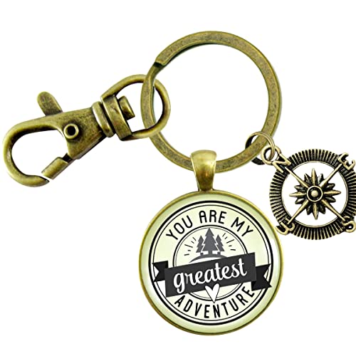 You Are My Greatest Adventure Keychain Rustic Bronze Couple Unisex Jewelry For Men Or Women Key Ring - Handmade Glass Boho Style Seal Pendant, Compass Charm, Gift Package Romantic Message Card & Box #TOP1