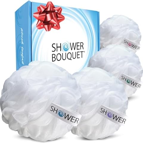 SHOWER BOUQUET Loofah Soft-White-Cloud Bath-Sponge XL-75g-Set 4 Pack, Extra Large Mesh Pouf for Men and Women - Exfoliate with Big Gentle Cleanse Scrubber in Beauty Bathing Accessories Cover