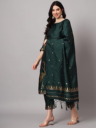 Image of VredeVogel Women's Cotton Silk Jacquard Kurta Pant Set with Banarasi Silk Dupatta