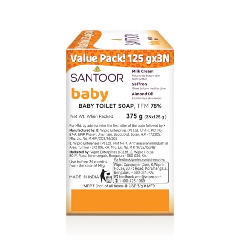 Image of Santoor Baby Bathing Bar Soap with Milk Cream, Saffron, & Almond Oil for Soft & Supple Skin| Gentle & Rich Lathering Formula with Mild Fragrance| 125gx3 (Pack of 3)