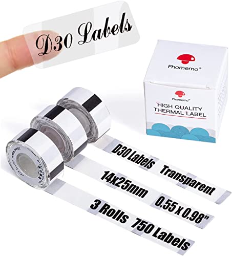 Memoking D30 Clear Label - D30 Transparent Thermal Label Tape Self-Adhesive Label Maker Paper 14mmx25mm (0.55”x0.98”) Compatible with Phomemo/ D30 Printer, Ideal for Organization and Storage