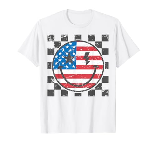 Happy 4th of July Groovy Smile Face Red White Blue USA Flag T-Shirt