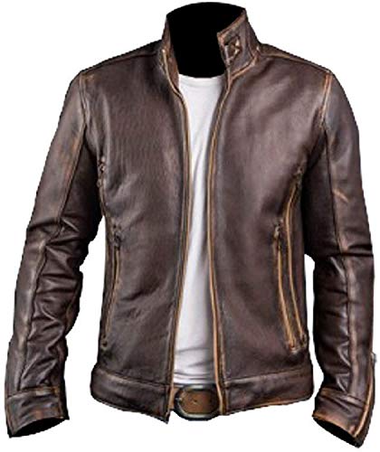 MC Vintage Retro 2ª Edición Cafe Racer Chaqueta de Motociclista de Cuero Genuino Desgastada en Negro y Negro Liso, Marrón envejecido., Small