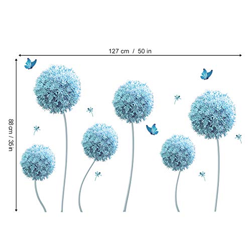 decalmile 6 Blue Dandelion Wall Decals Allium Flower Butterfly Wall Stickers Living Room Bedroom TV Wall Decor(Flower Size: 33 Inches)