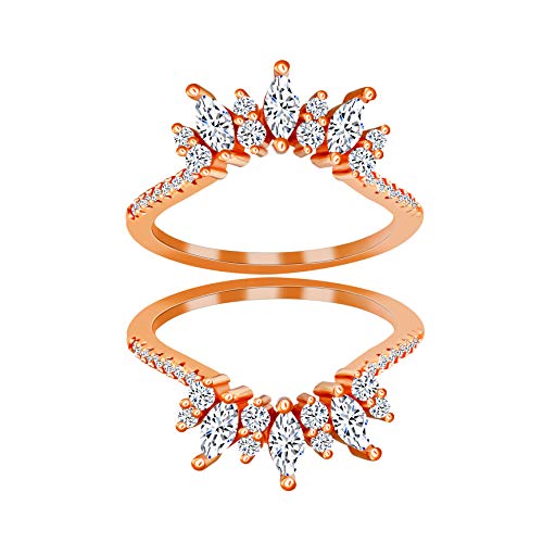 Uloveido Rose Gold Plated 2 PC Enhancer Ring Set for Women, 925 Silver Engagement Band Cubic Zirconia for Halo Solitaire Ring (Size 10)