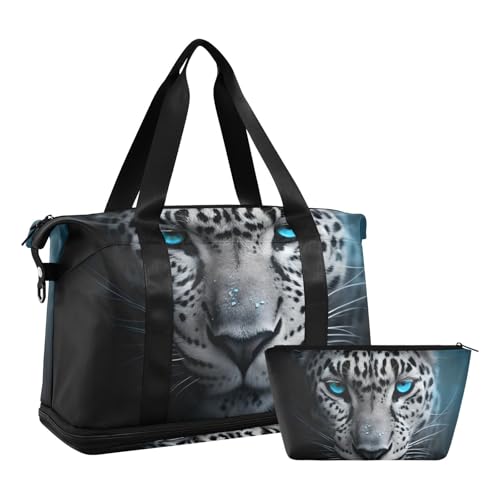 ALAZA Sports Duffel Bags with Toiletry Bag Set,Abstract Leopard with Blue Eyes Travel Duffel Bags Multi Pockets Weekend Bag2