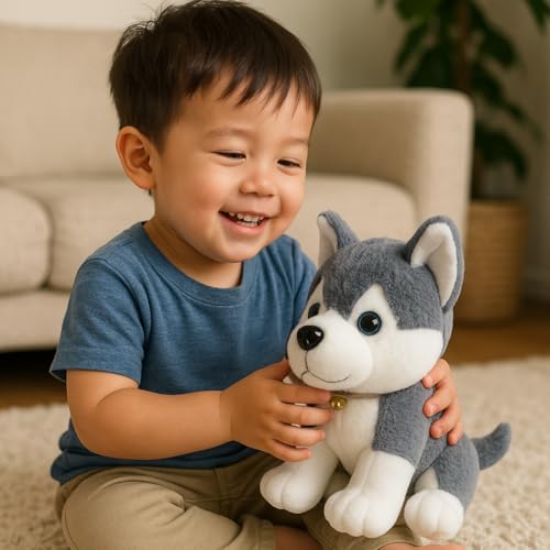 Image of Plush Husky Dog Soft Toy, Grey and White, 18 cm, Super Soft Material with Bell Collar, No Assembly Required, for Ages 3-40 Years