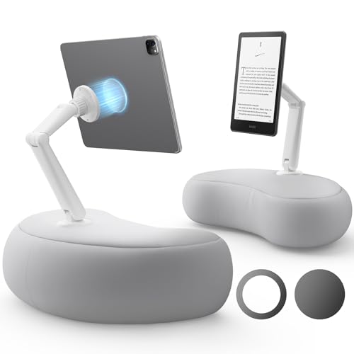SAIJI Kindle Pillow Stand - Magnetic iPad Stand Compatible with Kindle, Tablet, iPad, iPhone, 360° Tablet Holder for Bed with ​Ergonomic Pillow and Dual-Jointed Arm, 2 Free Magnetic Sheets (Gray)