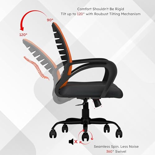 Image of Align Bliz Mesh Computer Chair for Work from Home, Ergonomic Office Seating with Height Adjustment, Armrest Support, Ventilated Backrest, Smooth Swivel Base, 3 Years Warranty - (Orange, Mid Back)