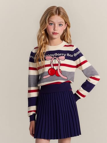 Girl Pullover Sweaters Winter Knit Clothing Cherry Embroidery Pattern Striped Crewneck Top Kid Clothes3