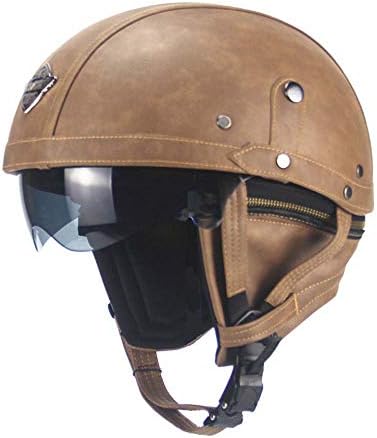LYJNBB Half Motorcycle Helmet, PU Leather Open Face Vintage Harley Helmets, with Sunshield Quick Release Strap Fit for Bike Cruiser Scooter DOT Approved