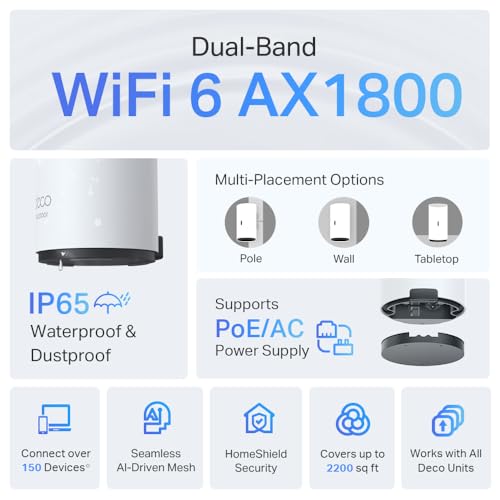 Image of TP-Link Deco X20-OUTDOOR AX1800 Dual-Band Wi-Fi 6 Outdoor Mesh WiFi Extender Unit | Up to 2,200 sq.ft| 2 Gigabit PoE+ Ports, Waterproof| HomeShield| 3 Mounting Options| Secure by Design, 6-Pack