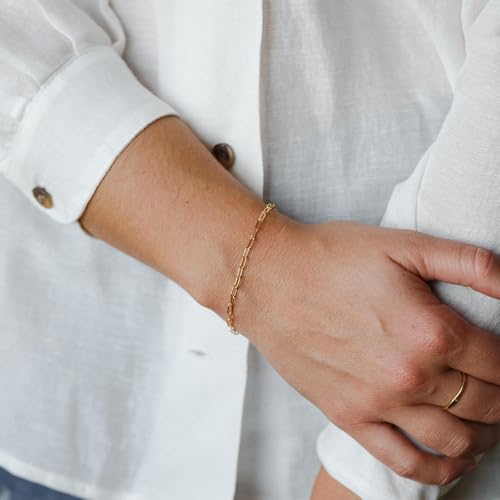 14K Gold Paperclip Bracelets, Real Gold Rectangular Link Chain 2.5mm, 6-7 Inches for Women Men, Hypoallergenic, Non-Tarnish, Dainty Layering Minimalist Jewelry3