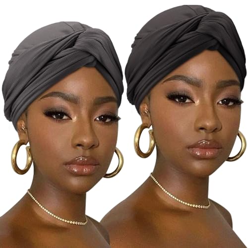 Image of DRESHOW African Turban for Women Knotted Hairwraps Headwraps Ribbed Turban Stretch Jersey Head Scarf Chemo Cancer Cap