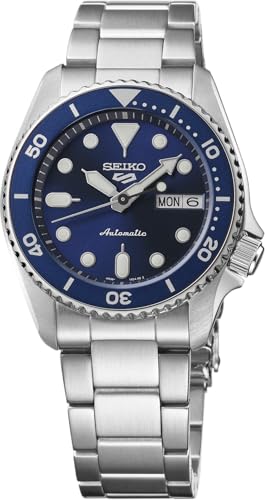 SEIKO 5 Relógio esportivo masculino automático com caixa de aço inoxidável e ponteiros luminosos – Relógios de pulso elegantes, Prateado, azul-marinho