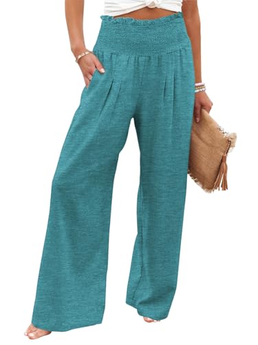 GEMLON Womens Pants High Waisted Palazzo Pants Wide Leg Long Pant Casual Lounge Trousers with Pocket(Turquoise,M)