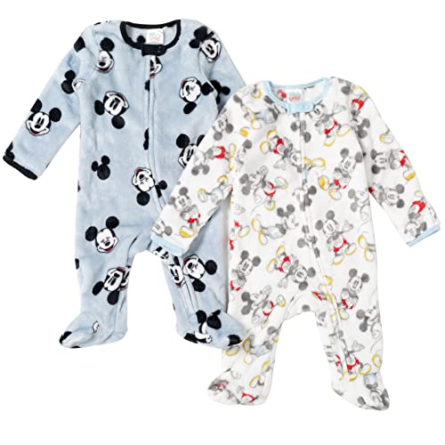 Image of Disney Mickey Mouse Baby Fleece 2 Pack Zip Up Woobie Coveralls Sizes (Newborn - 6-9 Months)