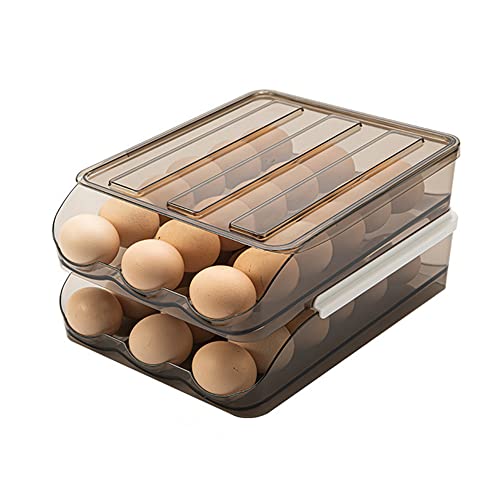 Egg Container for Refrigerator Automatic Rolling Egg Holder for Refrigerator, Double-Layer Egg Storage Box with Lid, Chicken Egg Storage Container Organizer Bin Egg Tray for Household(2 layers)