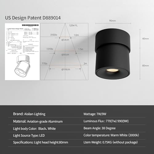 Image of Aisilan 7W Dimmable LED Ceiling Spotlight, Adjustable Directional Surface Flush Mount Lighting, Wall Spot Lights Indoor Accent Fixture Fitting for Kitchen Bedroom Living Room, 3000K, Black, 4 Pack