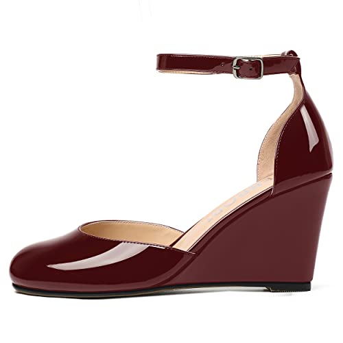 MERRORI Women's Ankle Strap Sexy Patent Buckle Round Toe Night Club Wedge Pumps Shoes 3.3 Inch2