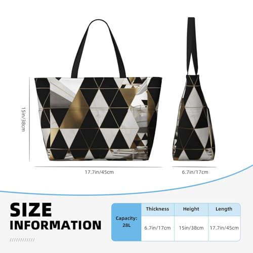 (Fashion Modern Black White Gold Triangles) Large Beach Tote Bag for Women Waterproof Sandproof Travel Shoulder Bag with Pocket for Pool Vacation Weekend Gym4