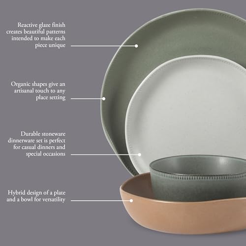Image of Gibson Elite Menlo Park 16-Piece Pottery Clay Stoneware Dinnerware Set - Assorted Color Reactive Glaze, Organic Shape Embossed Plates and Bowls W /Pasta Bowl, Service for 4 Microwave Dishwasher Safe