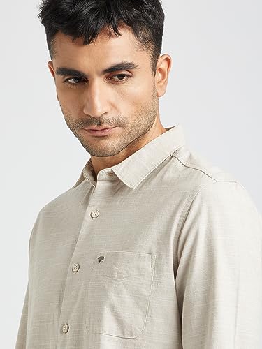 Image of THE BEAR HOUSE Men Beige Solid Slim Fit Cotton Casual Shirt|TBH-OSSA-BG