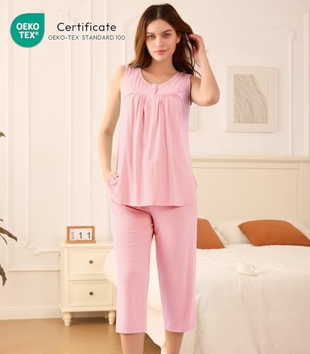 Image of NACHILA Pajamas for Women-Viscose Made from Bamboo, Sleeveless Pjs Top and Capri Pants Pajama Set Cool Pleated Sleepwear