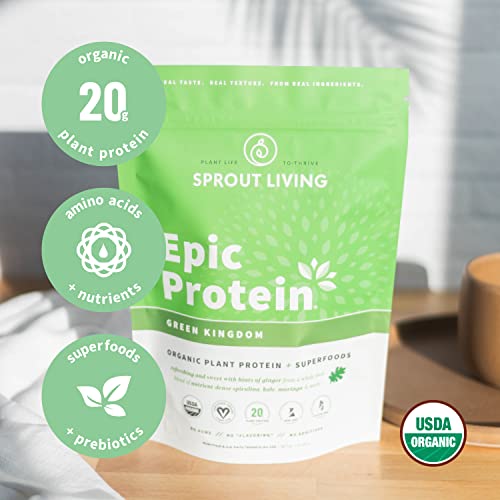 Image of Sprout Living Epic Protein, Plant Based Protein & Superfoods Powder, Green Kingdom | 20 Grams Organic Protein Powder, Greens, Vegan, Non Dairy, Non-GMO, Gluten Free, Low Sugar (1 Pound, 12 Servings)
