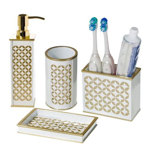 Creative Scents White Bathroom Accessories Set - Decorative 4 Piece Bathroom Accessory Set Includes: Soap Dispenser, Toothbrush Holder, Soap Dish And Tumbler, Gift Packaged (Diamond Lattice) #TOP20