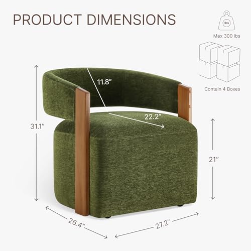 Image of KISLOT Upholstered Dining Chairs with Casters, Modern Barrel Side Armchair with Rollers & Wooden Armrest for Dining Room, Bedroom, Kitchen, Reading Room, Green, Set of 4