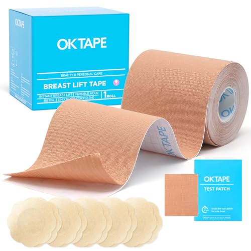 OK TAPE Bande de Levage de Poitrine pour Grands Seins A-G Coupe Ruban Invisible avec 5 Paires de Cache-Tétons Bande Vêtements pour Robes,Body Tape pour Gros Seins,5cm x 5m,Beige