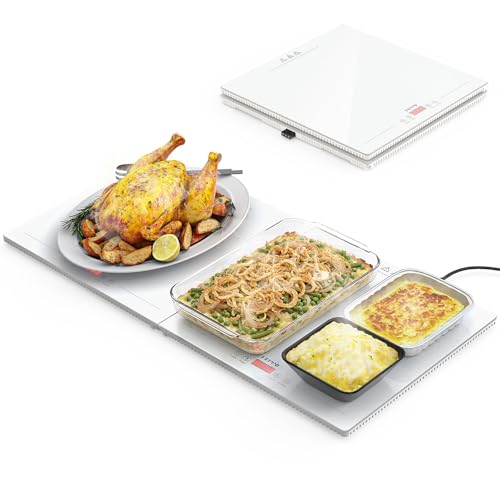 FEPPO Electric Warming Tray with Independent Temp Control, 31"x15" Glass Surface Warming Mat for Food, 10 Temp Settings and Timer, 2-in-1 Food Warmers